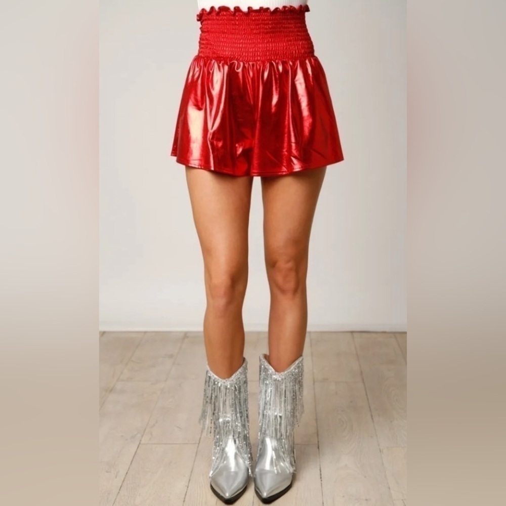 Glamorous Gameday Smocked Metallic Shorts, Red